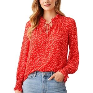 LOFT Blouse Women Small Red White‎ Floral Smocked Tie Neck Ruffle Long Sleeve